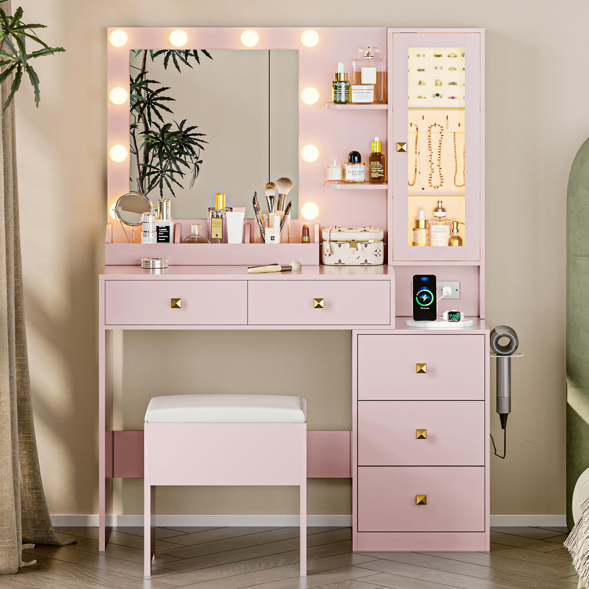 Vanity Desk with Mirror and Lights, Pink Makeup Vanity with 5 Drawers Hidden Jewelry Organizer& LED Glass Cabinet,3 Lights Mode and Brightness Adjusted,Vanity Mirror with Lights Desk and Chair HUANLEGO