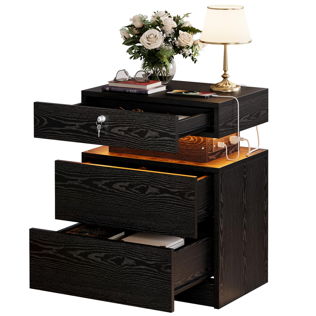 LIKIMIO Nightstand with Charging Station, Night Stand with Storage and LED Lights, Bedside Table with 3 Drawers, USB and Lock, Modern End Table for Bedroom LIKIMIO