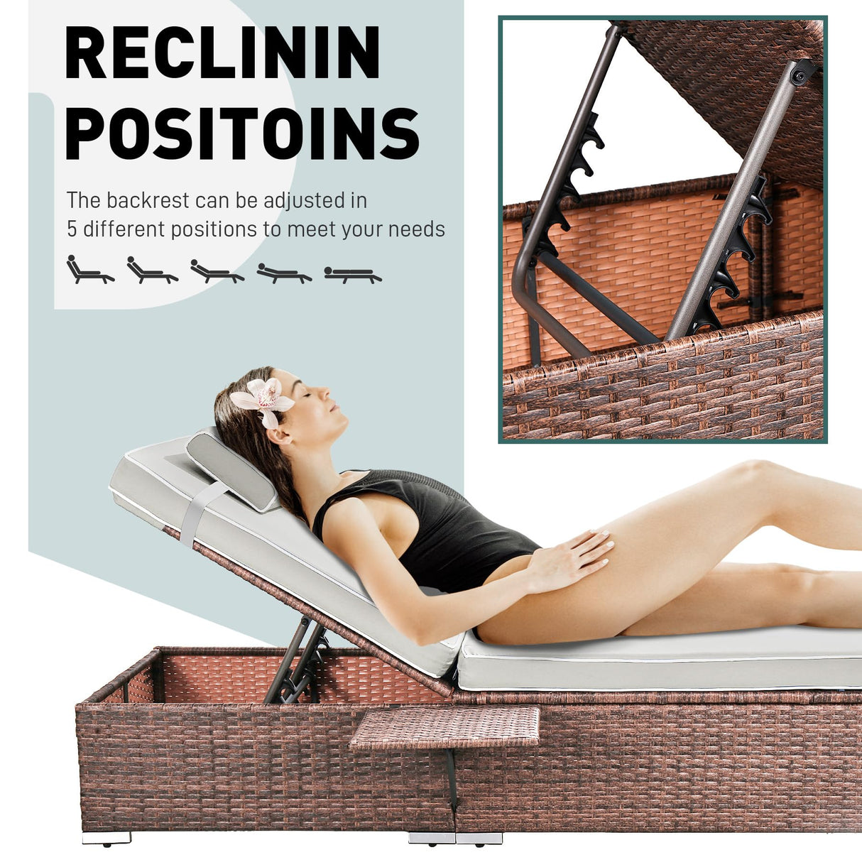 Rophefx Outdoor PE Wicker Patio Lounge Chairs Set of 2, Outside Rattan Pool Lounge Chair with Cup Holder & Adjustable Backrest, Brown Rattan Recliners for Poolside Deck Beach Yard (White Cushions) Rophefx