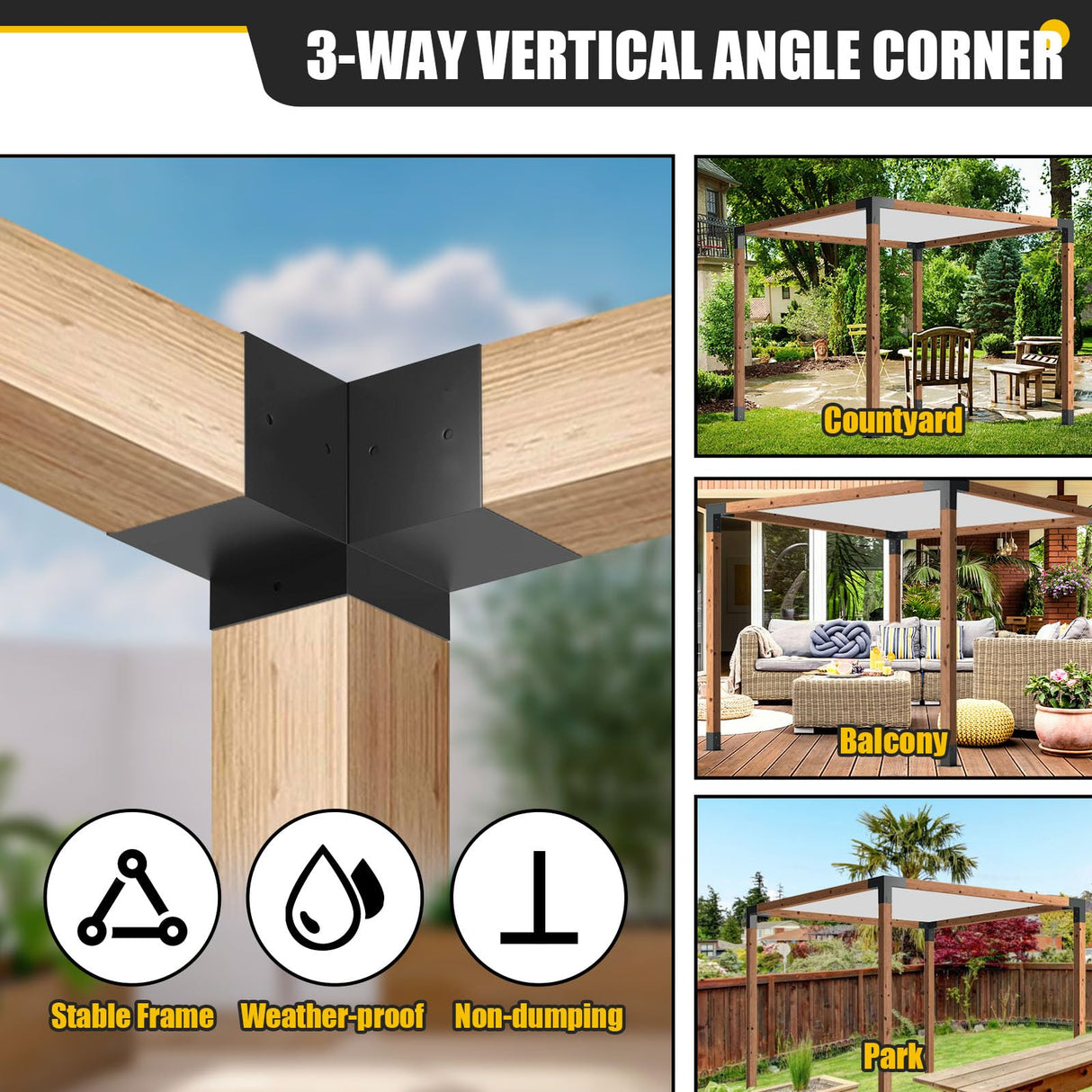 4x4 Woodworks Pergola Brackets Kit, 3-Way Corner Extension Brackets, Black Powder Coated, 4x4 Metal Brackets for Wood Beams, Fence, and Carport (Actual: 3.5"x3.5") Kinchoix