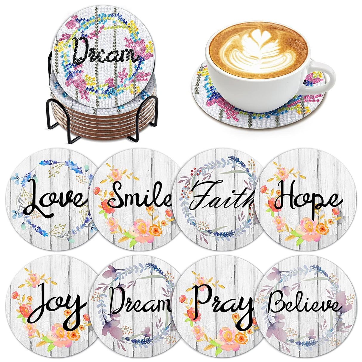 8 PCS Diamond Art Coasters Kits with Holder - Inspirational DIY Farmhouse Rustic Coasters for Beginners, Adults, Kids, Crafts Supplies YLOLUL