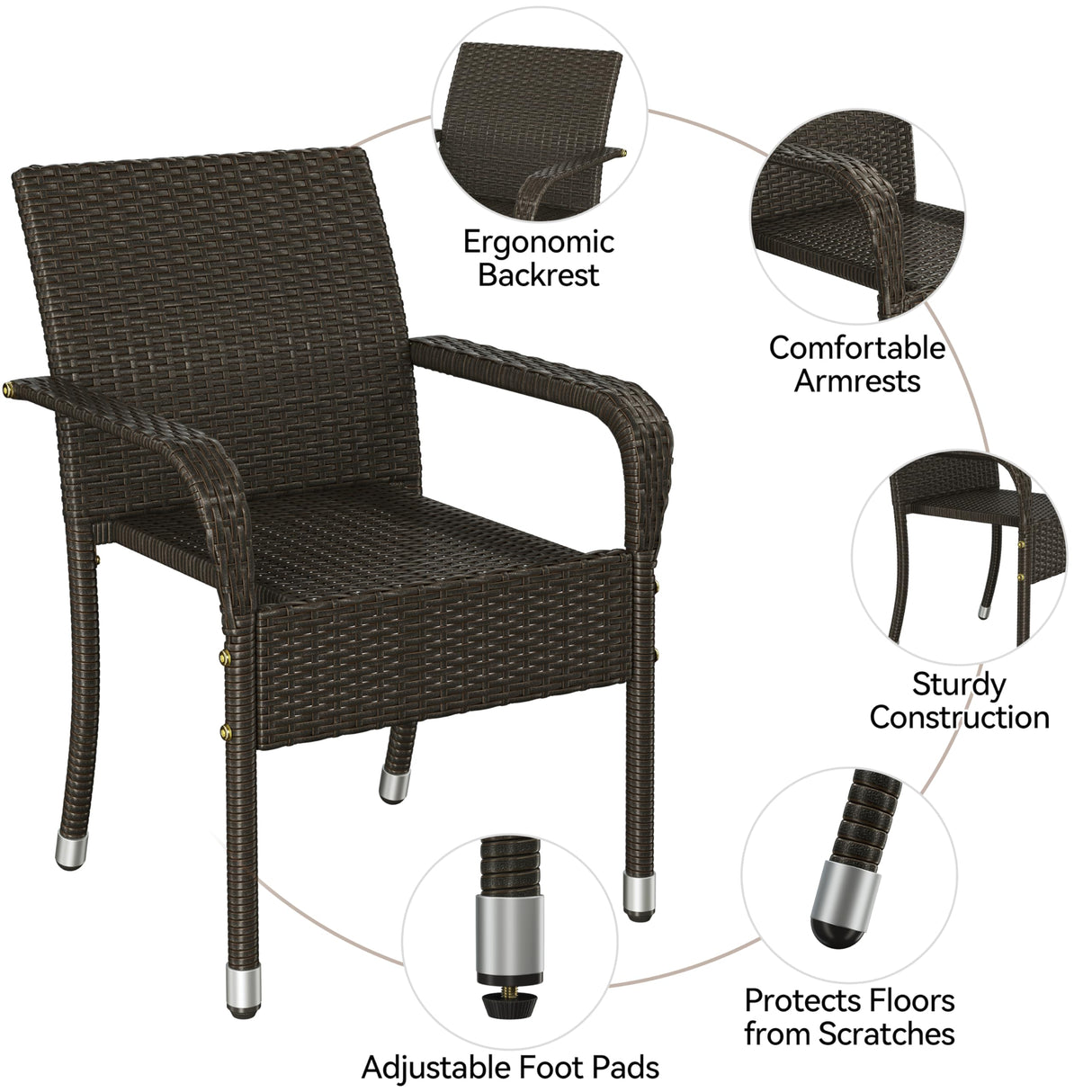 Yaheetech Set of 2 Stackable Outdoor Rattan Dining Chairs, All-Weather Armchair w/Armrests, Steel Frame for Garden, Patio, Deck, Yard, Poolside, Brown Yaheetech