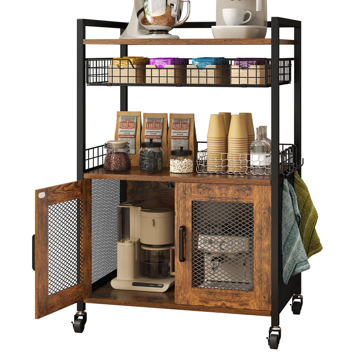 Hencawima Coffee Bar Cabinet, 3 Tier Coffee Station Table on Wheels, 35.9" H Bar Cart with Wire Basket Drawer & 5 Hooks for Home Kitchen, Liquor Buffet Sideboard Cabinet (Rustic Brown) Hencawima