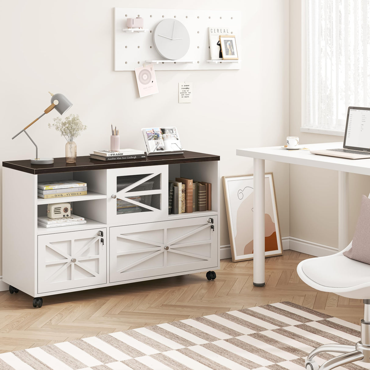 kepptory 2 Drawer File Cabinet with Lock, Rolling File Cabinet for Home Office Fits Files Letter/Legal/F4/A4, Filing Cabinet 2 Drawer with Adjustable Shelf & 2 Lockable Wheels (White + Brown) kepptory