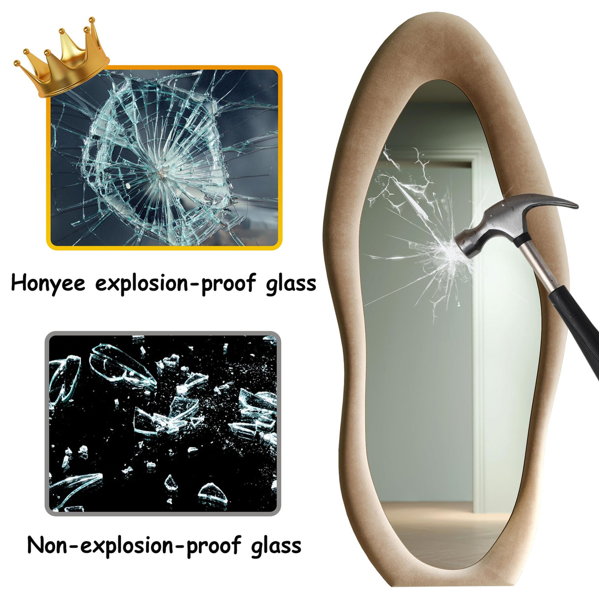 Honyee Full Length Mirror, 63" x 24" Wall Mirror, Flannel Wrapped Wooden Frame Floor Mirror, Irregular Wavy Mirror Hanging or Leaning Against Wall for Cloakroom/Bedroom/Living Room, Milk Tea Honyee