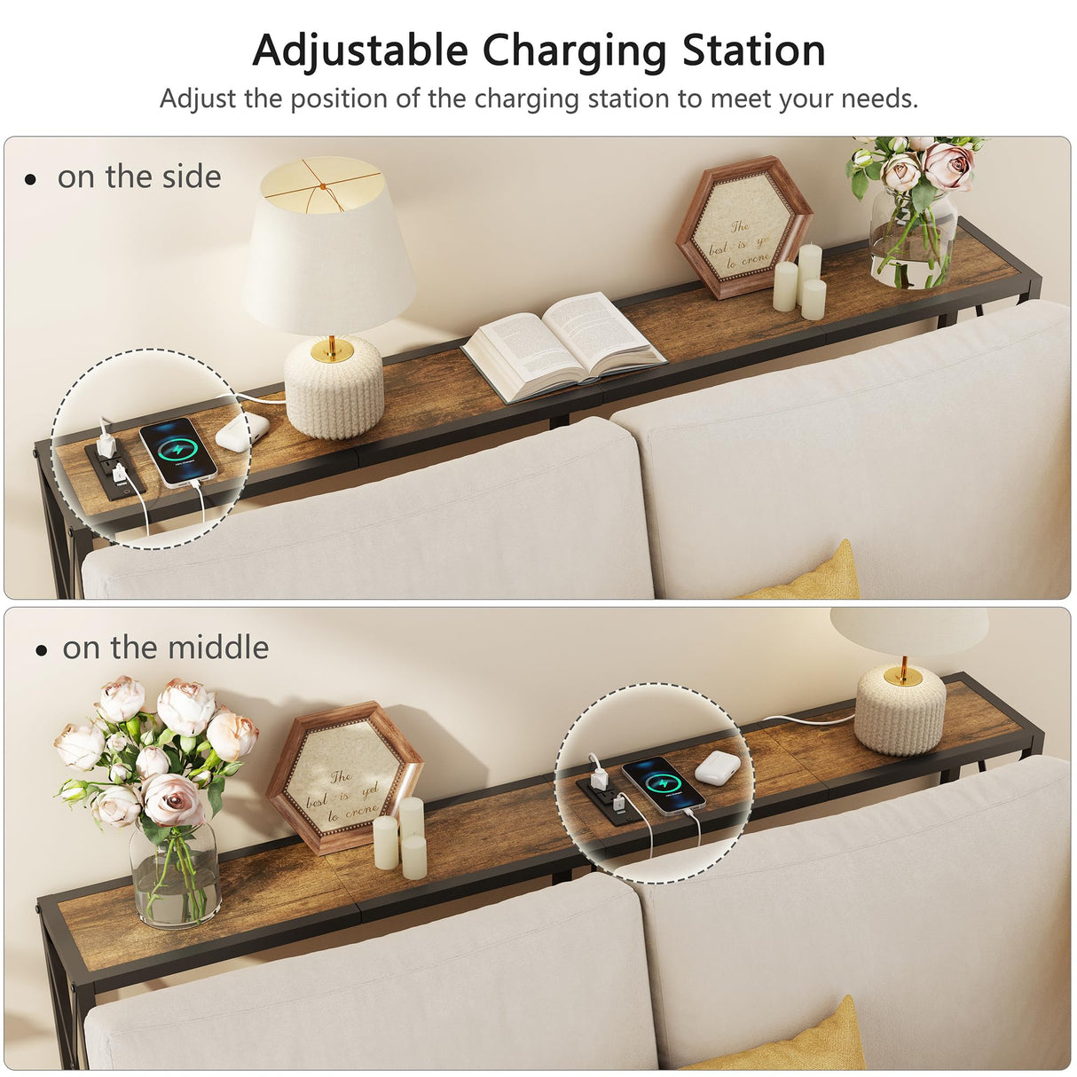Gewudraw Console Table with 2 AC Oulets & 2 USB Ports, 55.1" Narrow Sofa Table, Entryway Table, Industrial Sofa Table for Hallway, Living Room, Bedroom, Long Console Table, 6.5 Feet Power Cord Gewudraw