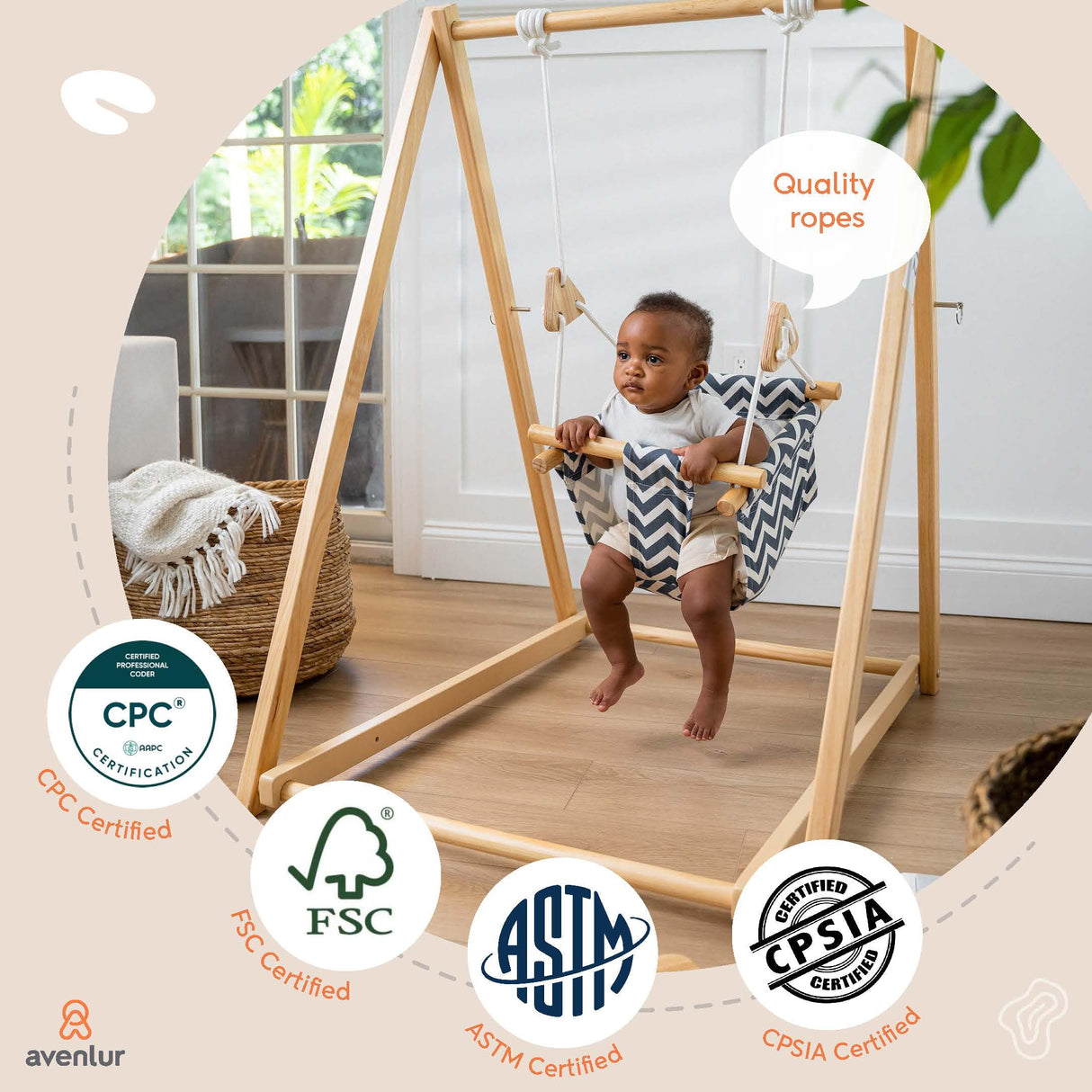 Avenlur Spruce Baby and Toddler Swing with Stand - Foldable Baby Swing - with Seat Belt and Padded Pillow - Free Standing Toddler Swing for Children 6 Months to 3 Years - Montessori and Waldorf Style Avenlur