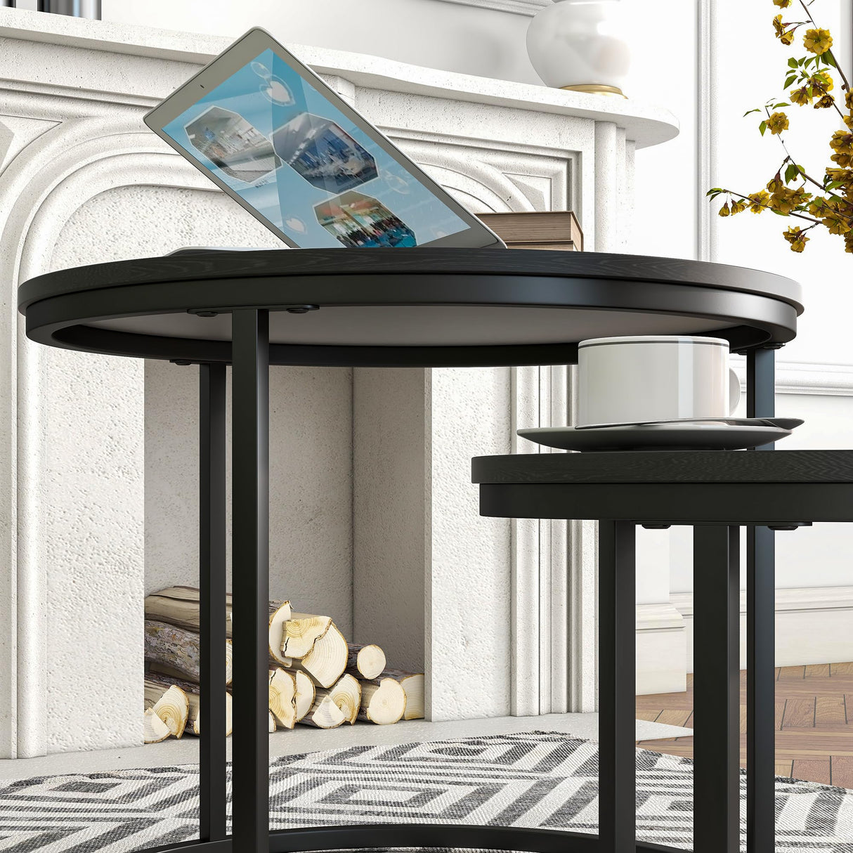 Small Coffee Table Set of 2,Round Coffee Table End Tables for Living Room,Modern Black Coffee Table Nesting Tables,Farmhouse Wood Coffee Table with Metal Frame/Easy Assembly,Stacking Side Tables HOJINLINERO