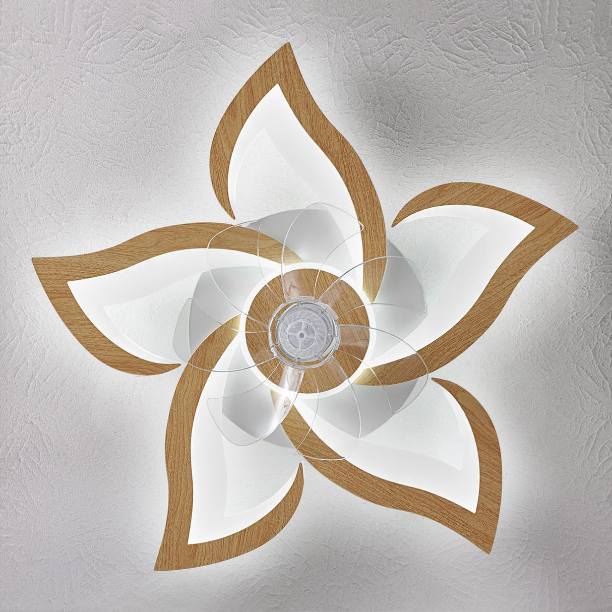 Dalouguan Geometric Ceiling Fan with Lights Remote Control, Wooden Ceiling Fan with Light, 3 Light Color 6 Speeds Low Profile Flush Mount Ceiling Fan for Kitchen Bedroom Living Room Dalouguan