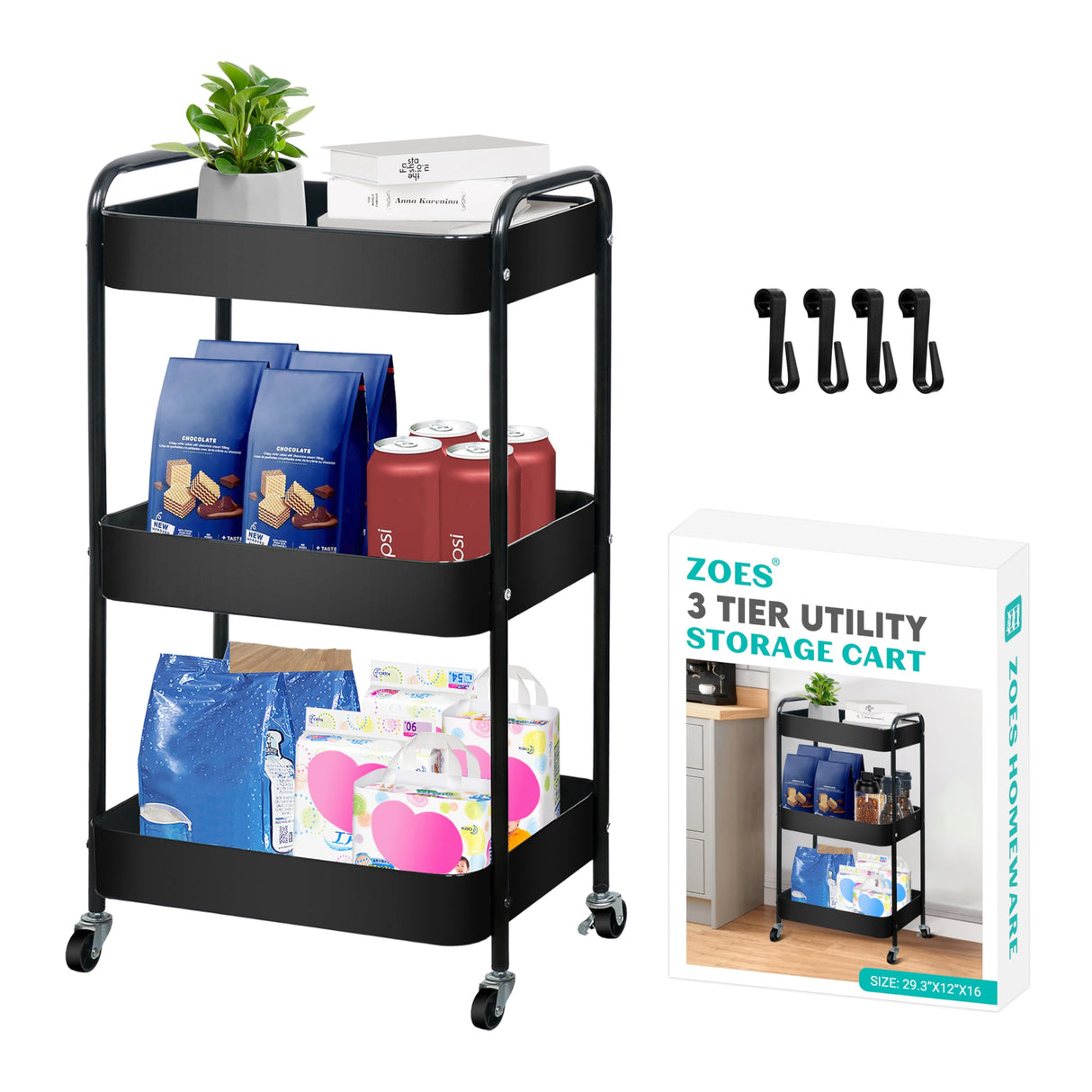 ZOES HOMEWARE 3 Tier Rolling Cart, Metal Utility Cart with 4 Hooks, Rolling Storage Cart on Wheels, Small Organizer Cart for Nursery, Kitchen, Living Room, Bathroom, Black ZOES HOMEWARE
