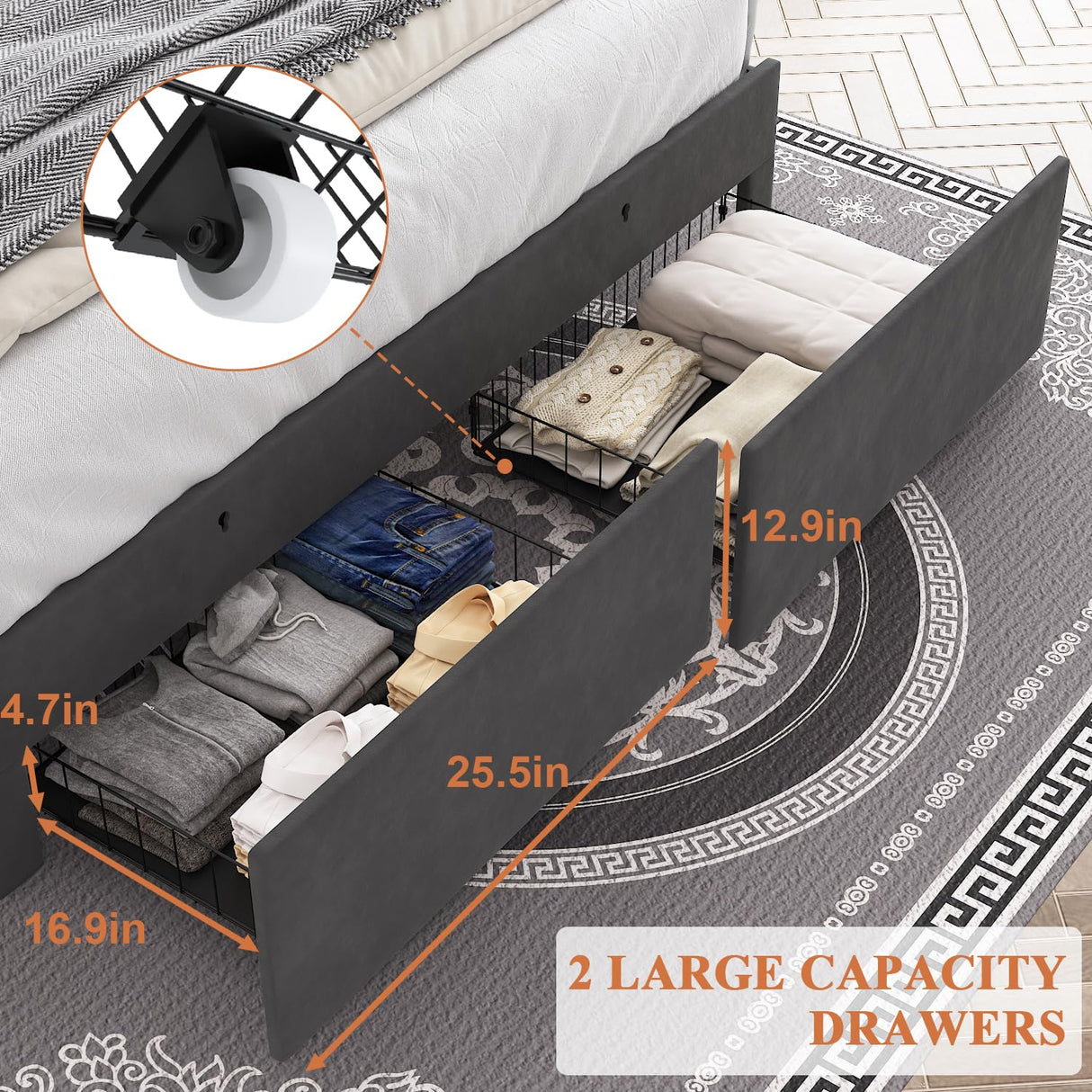 TIGUBFRE Dark Grey Upholstered Full Size Bed Frame with LED Lights and Storage Drawers TIGUBFRE