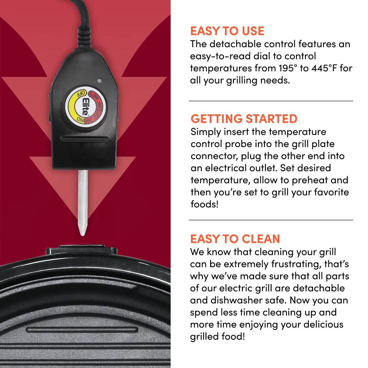 Elite Gourmet EMG-980B Smokeless Electric Tabletop Grill Nonstick, 6-Serving, Dishwasher Safe Removable Grilling Plate, Grill Indoor, Tempered Glass Lid, Adjustable Temperature, 14" Black Elite Gourmet