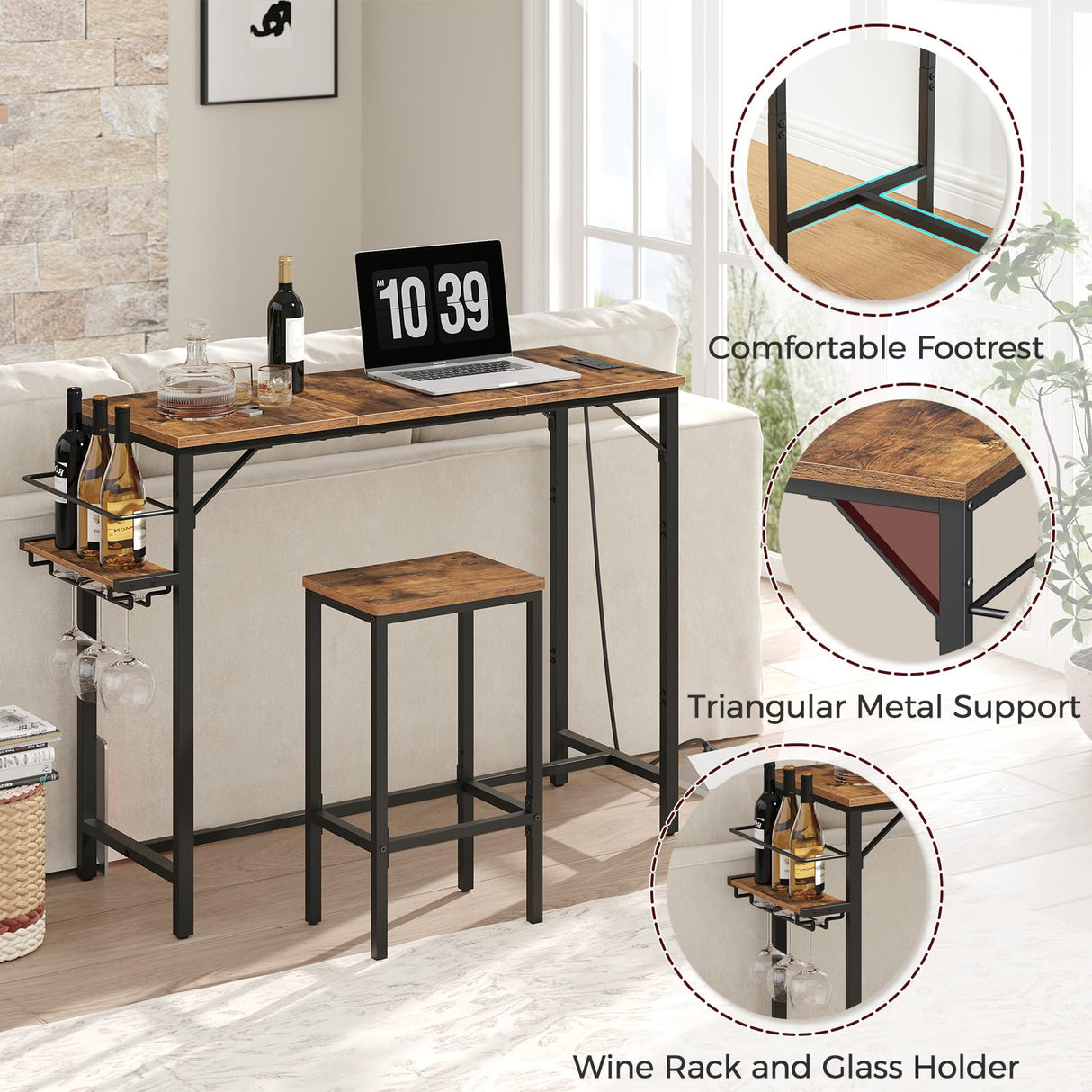 MAHANCRIS Bar Table, 35.4-Inch Counter Height Pub Table with Charging Station, Rectangular Dining Table with Wine Rack and Glass Holder, High Top Cocktail Tables, for Kitchen, Rustic Brown BTHR90E01 MAHANCRIS