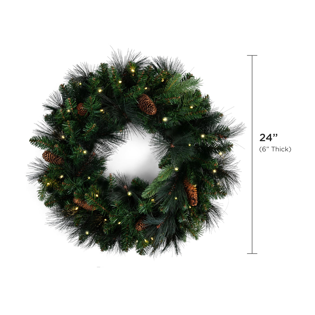 Papyrus 24" Pre-Lit Carolina Pine Artificial Wreath, Pine Cones, Warm White Light, Battery Powered, Indoor/Outdoor Papyrus