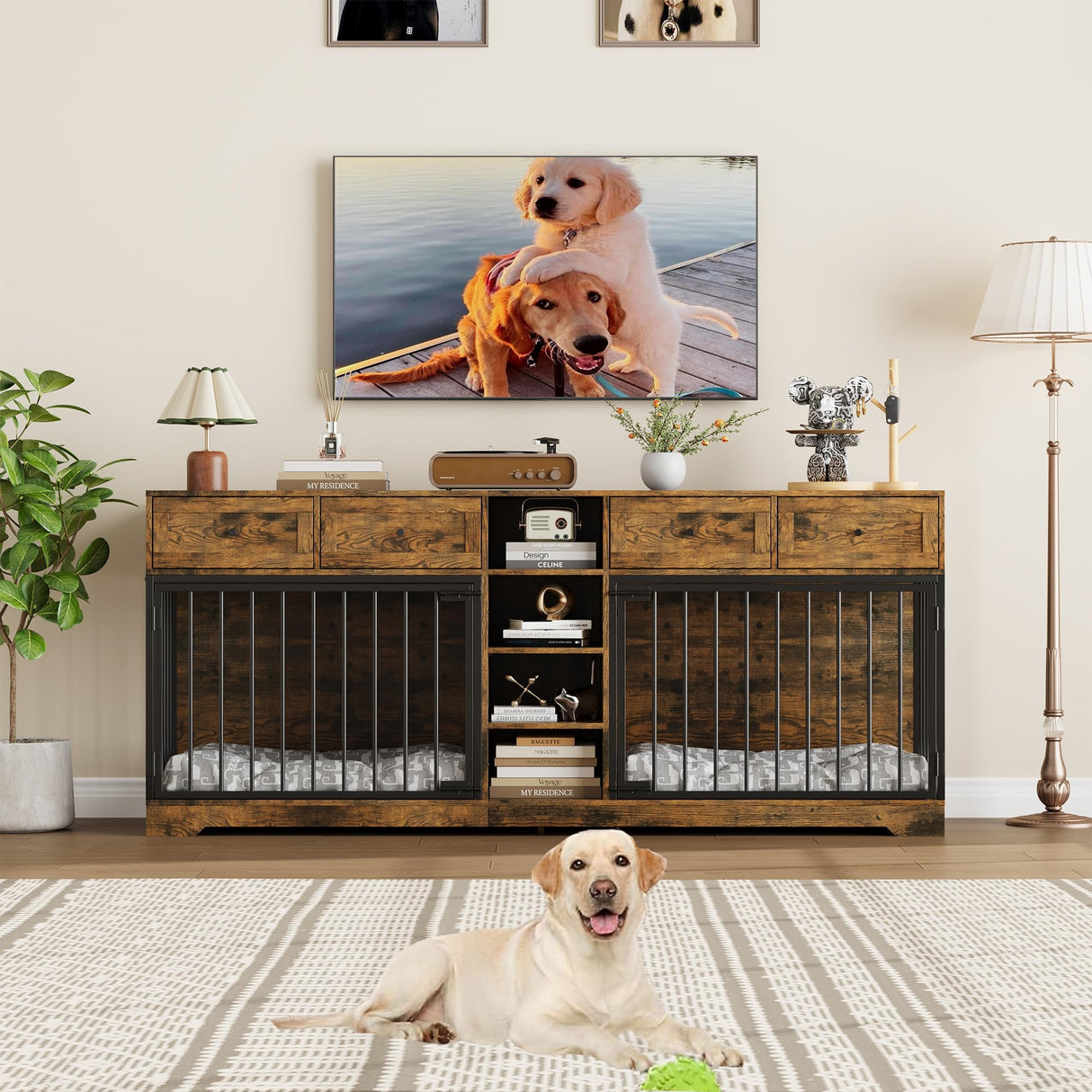 IDEALHOUSE 82” Large Dog Crate for 2 Dogs, Dog Kennel Indoor with 4 Drawers and Shelves, Double Dog Crate Furniture TV Stand, Wooden Dog Cage for Medium Large Dogs, Brown IDEALHOUSE