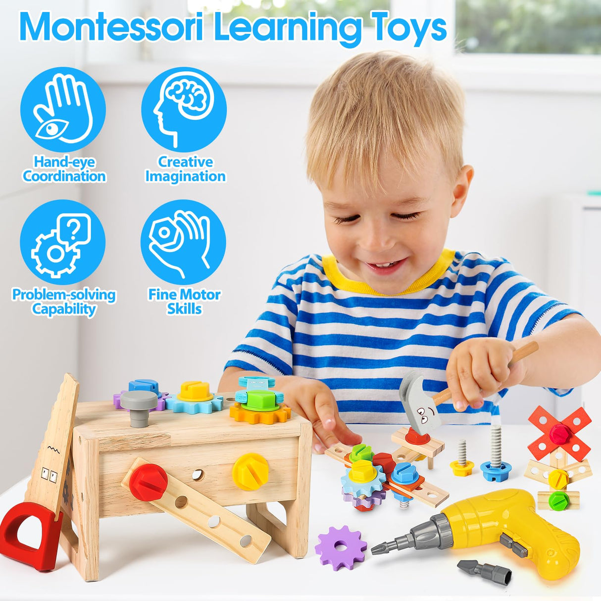 Kids Tool Set with Electric Drill, 39 Pcs Wooden Toddler Play Tool Bench Kits with Tool Box, Montessori STEM Educational Pretend Construction Toy for 3 4 5 6 Year Old Boys Girls Birthday Gifts BAODLON