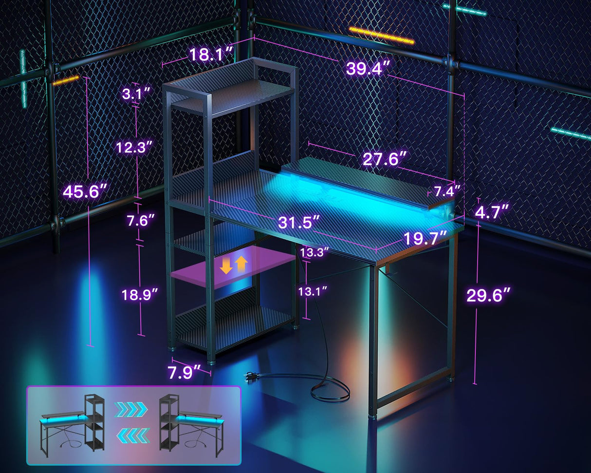 ODK Reversible Gaming Desk with USB Charging Port and LED Lights, 40 Inch Computer Desk with Storage Shelves & Monitor Stand, Study Table for Home Office, Small Space Bedroom, Carbon Fiber Black ODK