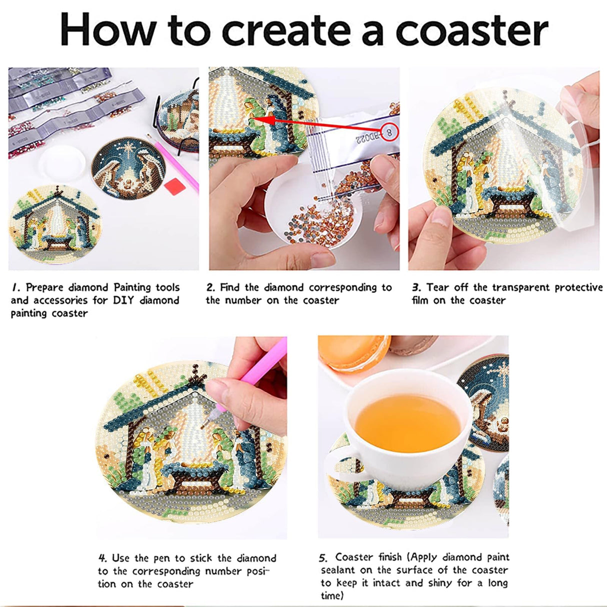 Yijingtop 8PCS Jesus Diamond Art Coasters Kits,Religion Diamond Painting Coasters with Holder,Small Diamond Art Kits for Adults,Crystal Gem Art Kits for Home Wall Decor Yijingtop