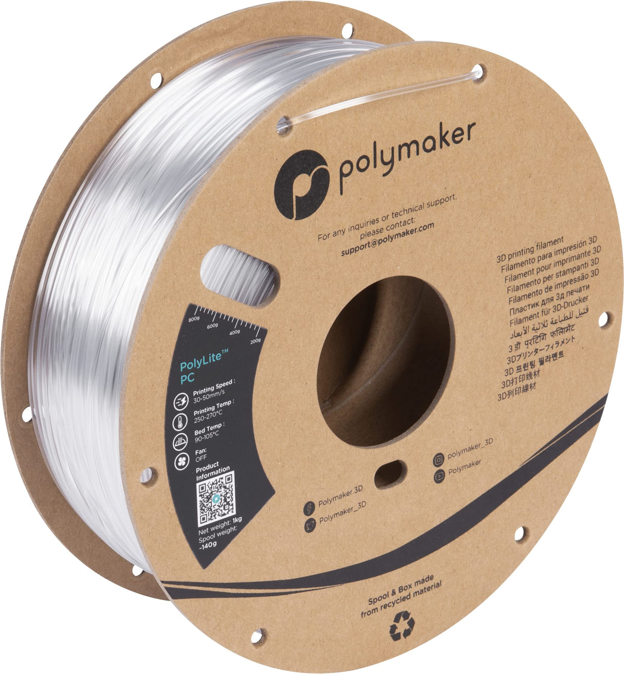 Polymaker PC Filament 2.85mm Clear Polycarbonate 1kg Cardboard Spool - PolyLite Transparent PC 3D Printer Polycarbonate Filament 2.85mm, Strong & Tough & Heat Resistant POLYMAKER