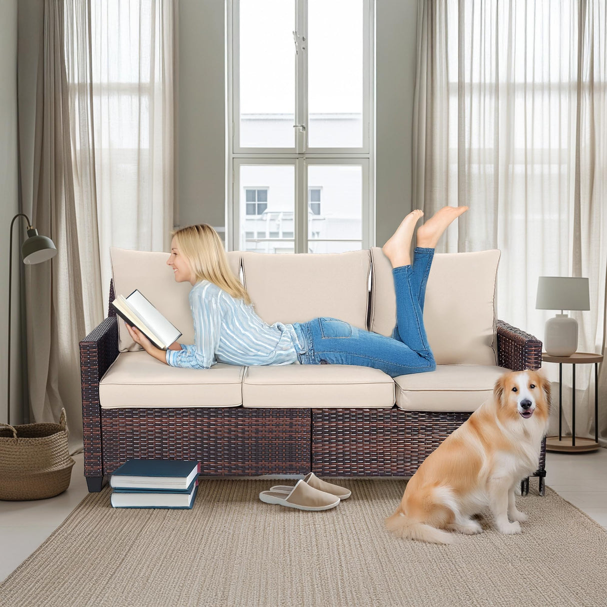 AstrPthylx 3-Seater Deep Seat Outdoor Sofa - High Back Patio Couch with Water-Resistant Cushions, All-Weather PE Rattan for Patio, Garden (Modern Design) (Beige) AstrPthylx