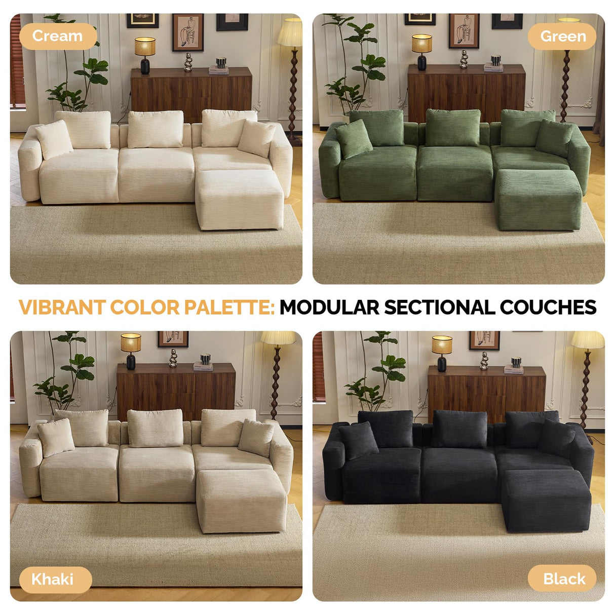 VINGLI 112.2“ Convertible Corduroy Cloud Sectional Couches with Movable Ottoman, L-Shaped Boneless Couches for Living Room with Deep Seat, 3 Seater Modular Spineless Sofa, No Assembly Required, Cream VINGLI