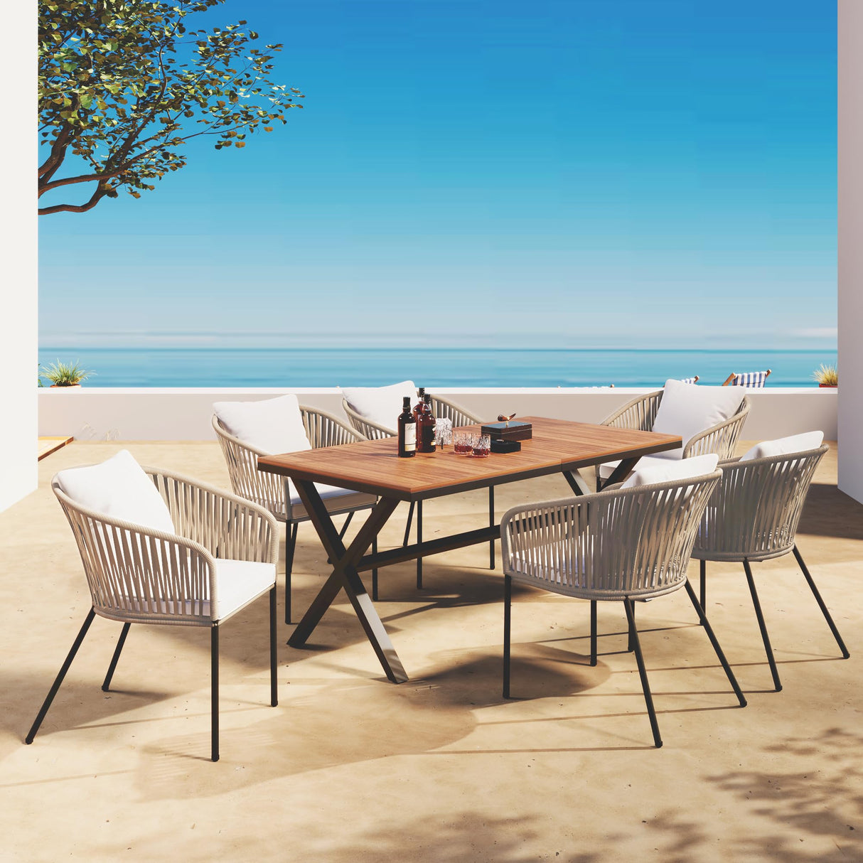 Merax 7 Pieces Patio Dining Table and Chairs, All-Weather Outdoor Furniture Set, Acacia Wood Tabletop, Metal Frame, for Garden, Backyard, Balcony, Beige Merax