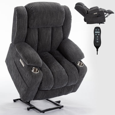 RHHVVR Power Lift Recliner Chair, 350lb Capacity with 8-Point Massage & Heating, USB/Type-C Ports & Cup Holders, Heavy Duty Chenille Recliner for Elderly, Grey