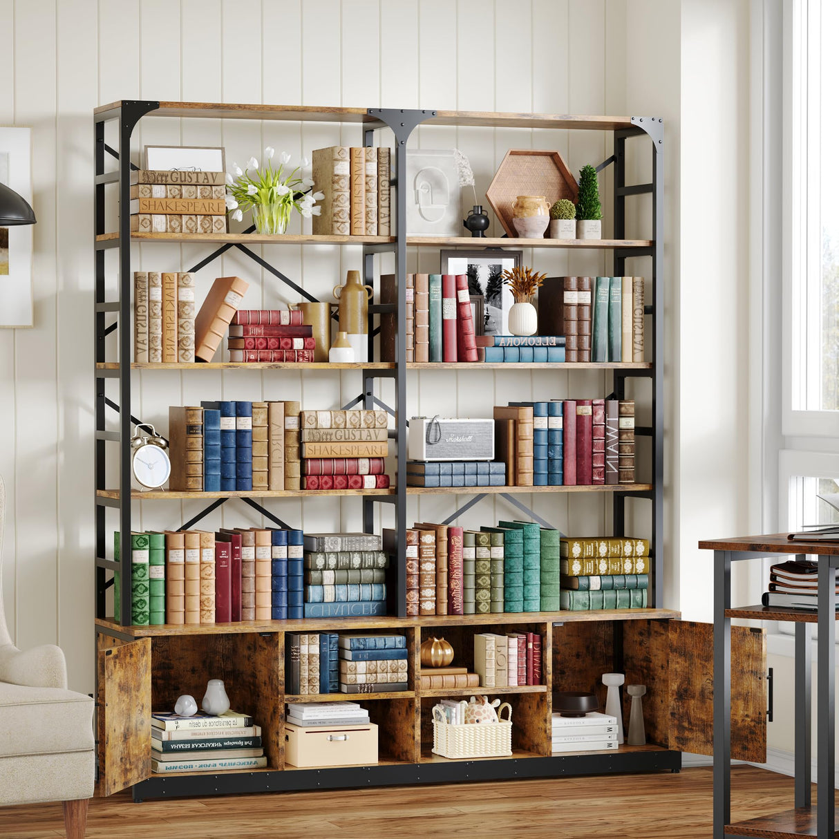 IRONCK Bookshelves 6 Tiers 73.1 inch Tall Industrial Bookshelf with Doors, Bookcase and Display Shelf, Open Storage Cabinet for Living Room, Home Office IRONCK