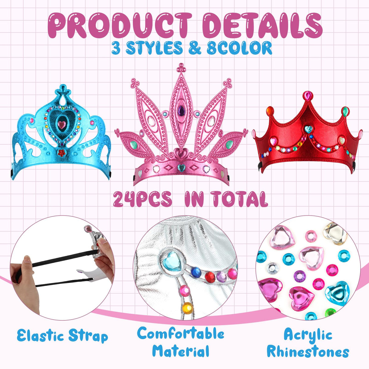 Equsion 72 Pcs Foam Princess Crowns DIY Tiaras Kids Party Princess Supplies Rhinestone Sticker Wooden Wand for Birthday Party Girls Making Your Own Tiara Equsion