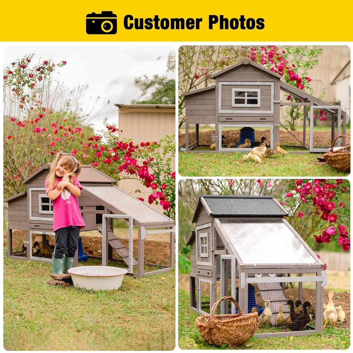 Aivituvin Chicken Coop Outdoor with Wheels, Mobile Hen House Wooden Poultry Cage with Run & Waterproof Roof (Grey with White) Aivituvin