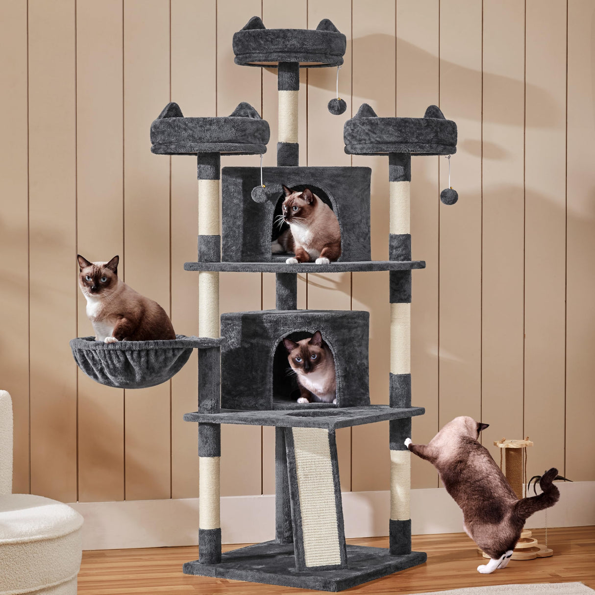 Yaheetech 68.5in Cat Tree Multi-Level Cat Tower with Large Cat Condo&Cozy Perches Stable Pet Play House w/Sisal-Covered Scratching Posts&Board for Indoor Cats, Dark Gray Yaheetech