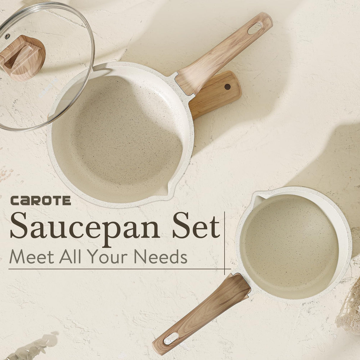 CAROTE 1.5Qt & 3.0Qt Sauce Pan Set with Lid Nonstick Saucepan 4 Pcs Non Stick Sauce Pots Cooking Pot with Pour Spout, Easy to Clean, Small Kitchen Pots Induction Pot, PFOA FREE (White Granite) CAROTE