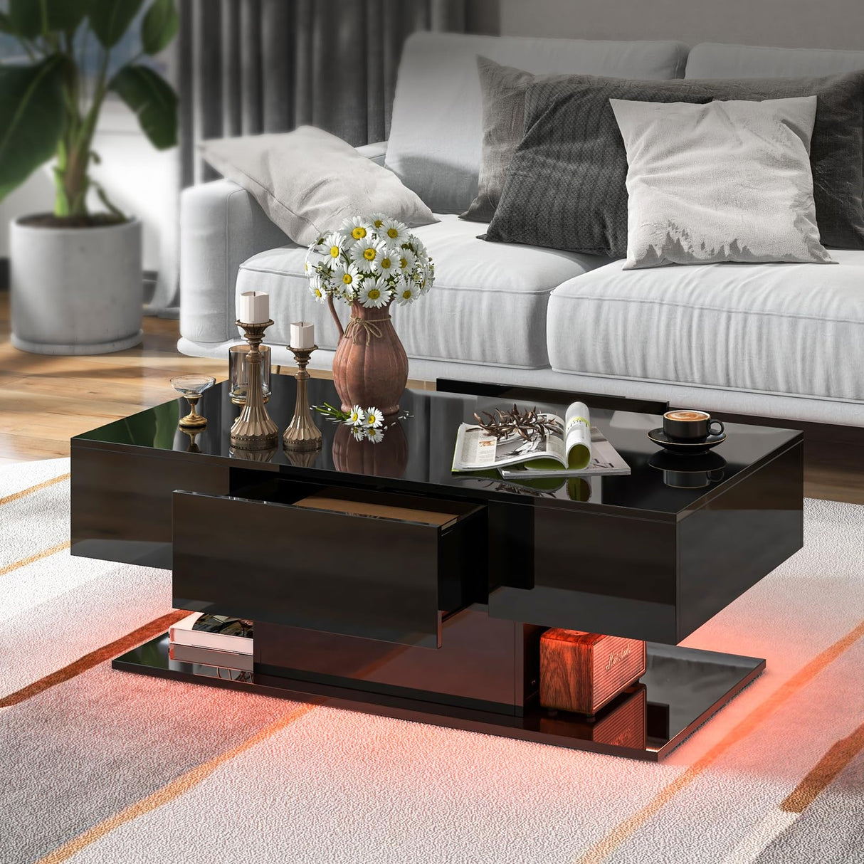Tangkula LED Coffee Table with 2 Drawers, High Glossy Modern Center Table, 20-Color Dimmable LED Lights & Remote Control, 2-Tier Rectangle Coffee Table for Living Room (with Drawer, Black) Tangkula