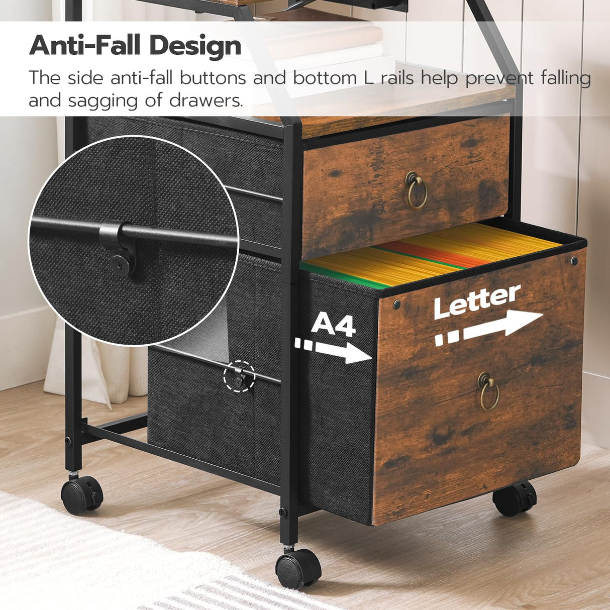 HOOBRO 2-Drawer Mobile File Cabinet, Filing Cabinet with Charging Station, Printer Stand with Open Storage Shelf, for A4/Letter Size, Home Office, Nonwovens Drawer, Rustic Brown and Black BF10UWJ01 HOOBRO