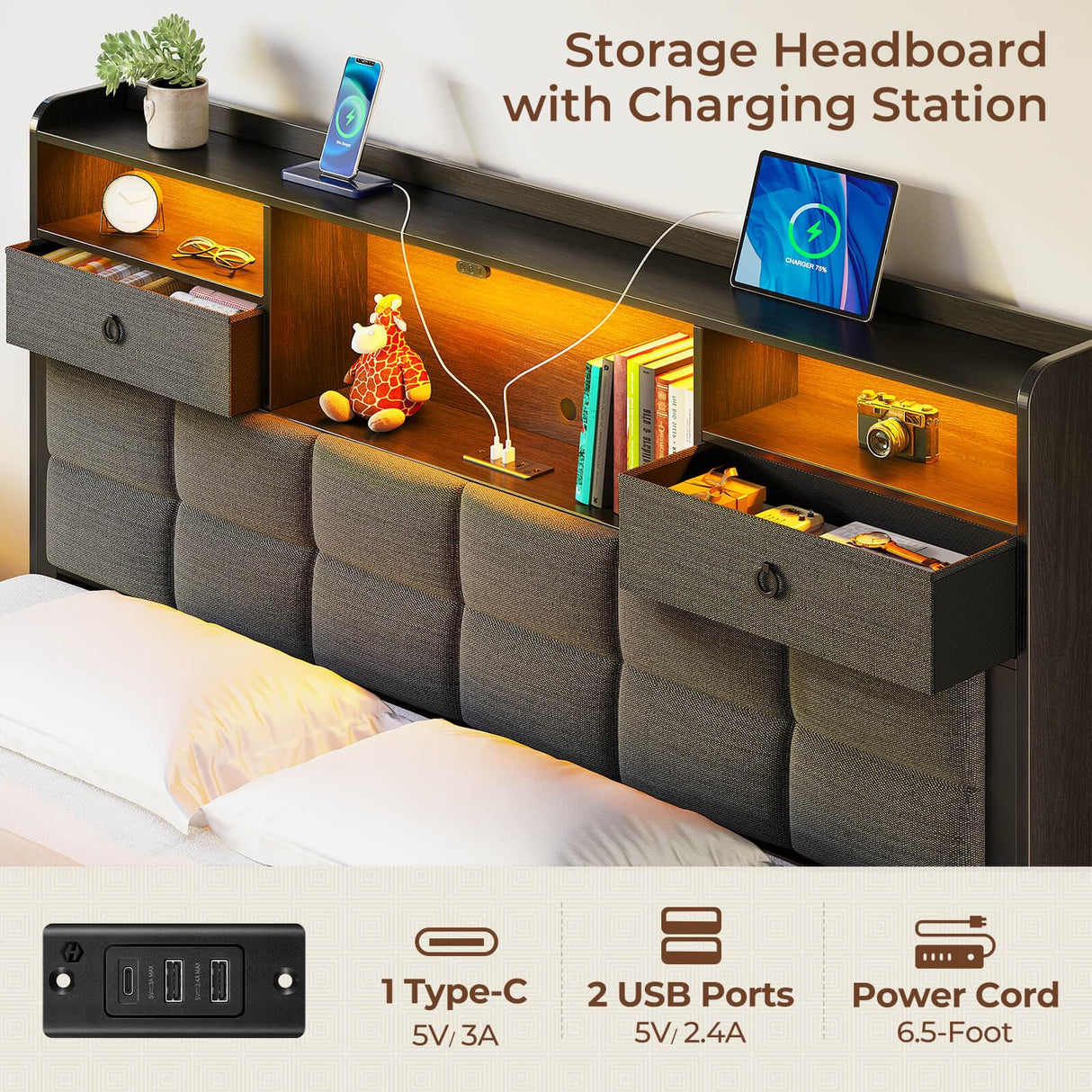 Rolanstar Bed Frame Full Size with Drawers and Charging Station, Upholstered Platform Bed with Storage Headboard and LED Light, Heavy Duty Metal Frame Support, No Box Spring Needed, Noise Free, Grey Rolanstar