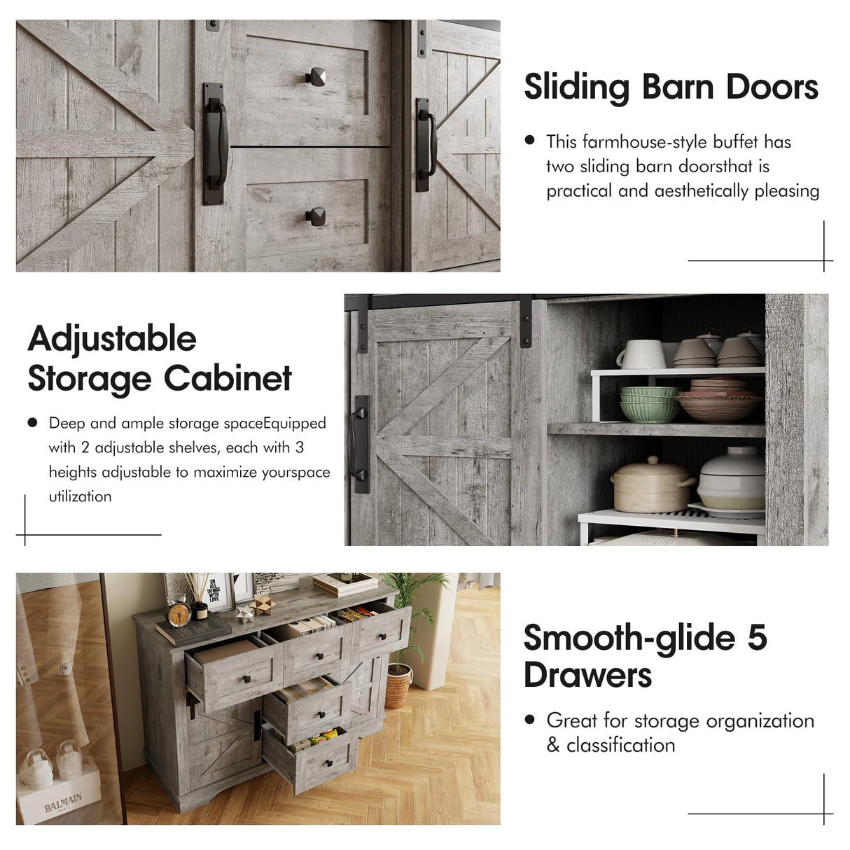 Vabches Farmhouse Sideboard Buffet Cabinet with Storage, Large Kitchen Sideboard Cabinet, Sliding Barn Doors and 5 Drawers, Adjustable Shelves, Coffee Bar Table for Dining Room, Light Rustic Oak Vabches