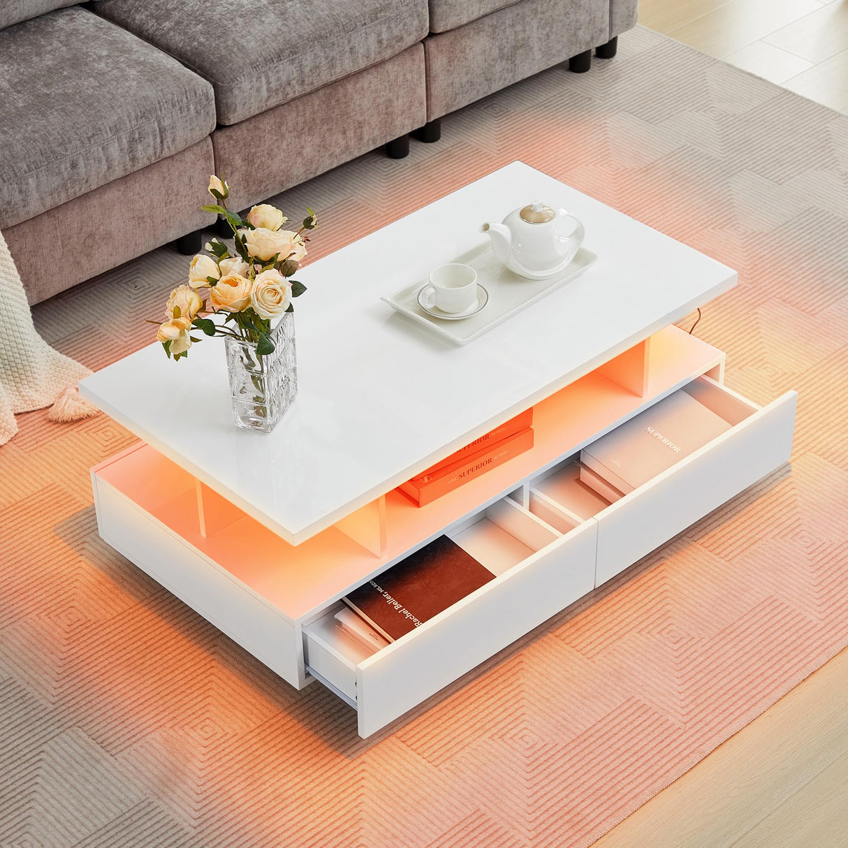Tltaroni LED Coffee Table, Modern High Glossy Coffee Table with 4 Drawers and Open Display Shelf Wood Rectangle Center Tables with Storage for Living Room, White Tltaroni