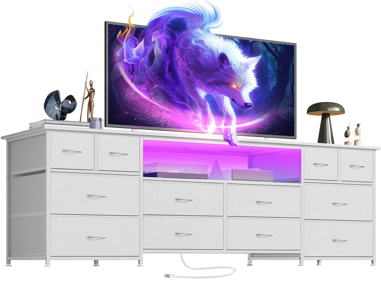 Huuger 63 Inch Dresser TV Stand with LED Lights, Power Outlets and USB-C Port, 12 Fabric Drawer Dresser for Bedroom, Wide Entertainment Center for 65, 70 Inch TV, Media Console, Open Shelf, White Huuger