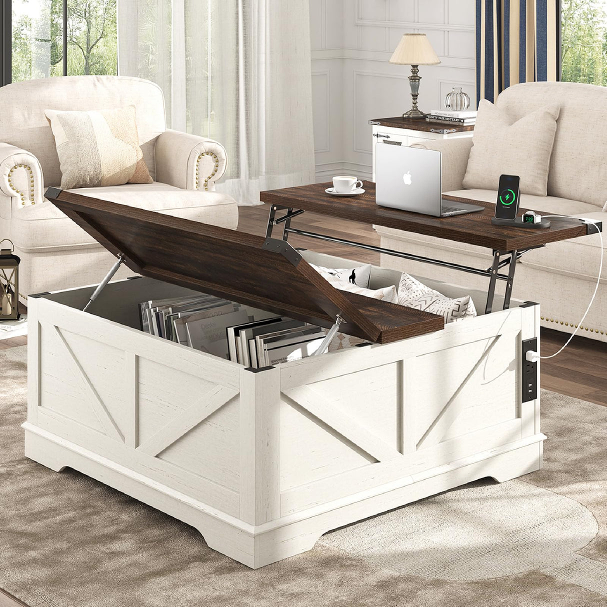 Hlivelood 40” Large Farmhouse Lift Top Coffee Table with Power Outlets and Large Hidden Storage, Square Wood Living Room Tables, Multi-Function Lift Wooden Barn Door Center Table, Rustic White Hlivelood