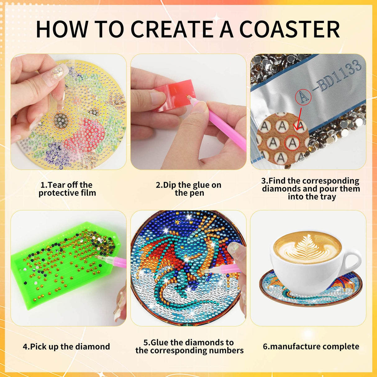 Dragon Diamond Art Coasters Kit: 8 Pcs Fantastic Dragon Diamond Painting Coasters with Holder and Cork Pads, DIY Coaster Craft Set for Adults Beginners Home Decor Gifts CRASHOT
