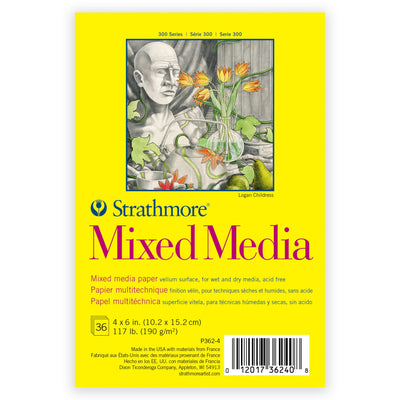 Strathmore 300 Series Mixed Media Paper Pad, Tape Binding, 36 Sheets, White, 4x6 inch, 1 Count