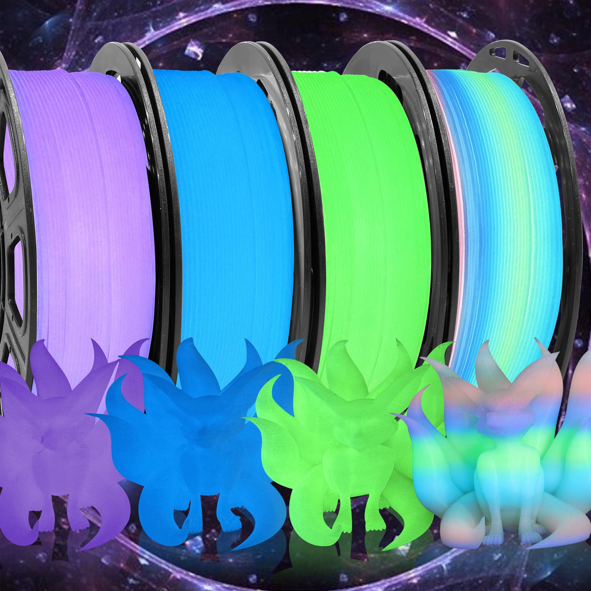 BBLIFE Glow in Dark PLA 3D Filament Bundle, 4 Popular Dark Luminous Colors: Glowing in Dark Green, Purple, Blue, Rainbow, Each Spool 0.25kg, 4 Spools, Total 1.75mm 1KG Fluorescent 3D Printer Material Bblife