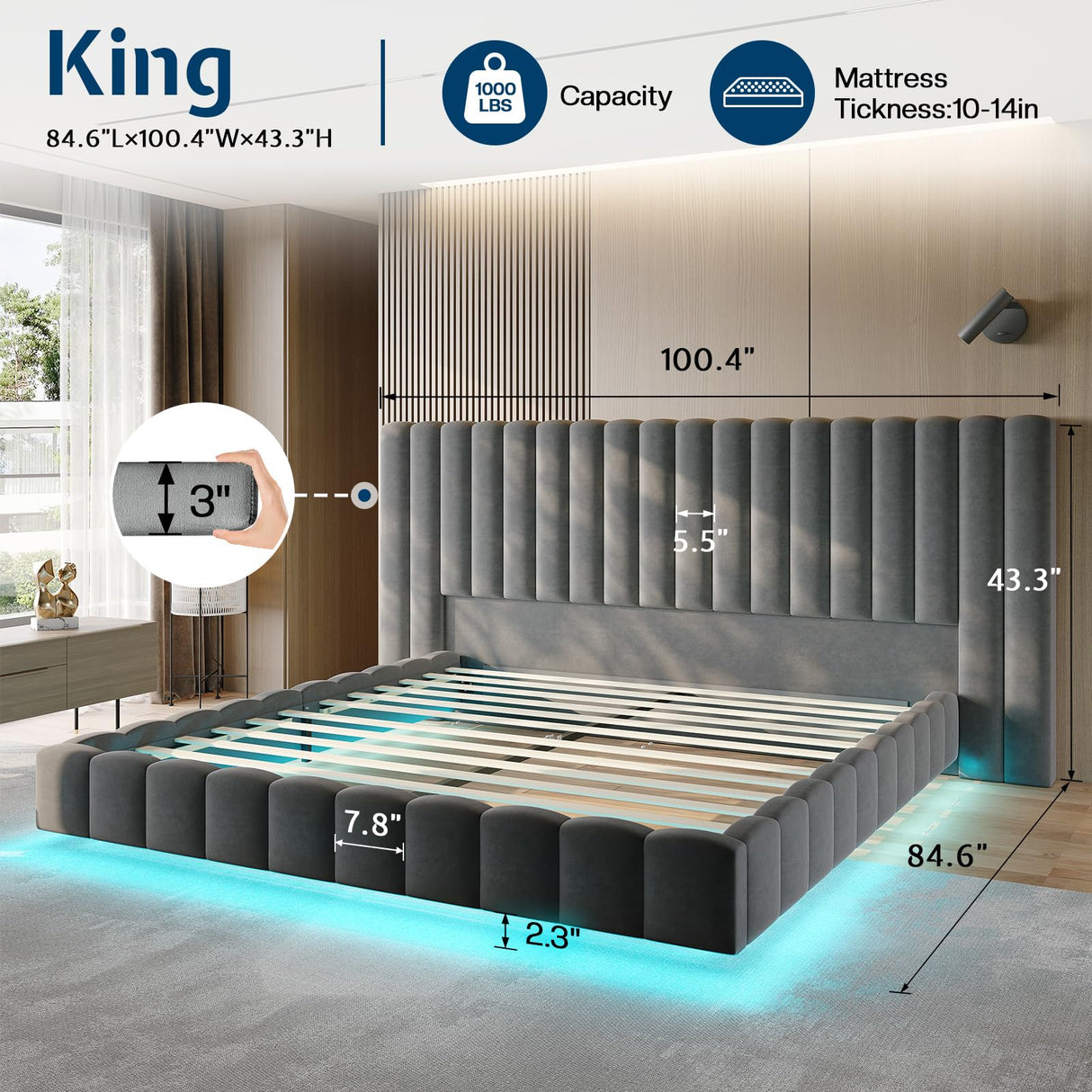 Jocisland King Bed Frame with LED Lights and Upholstered Oversized Headboard, Modern Velvet Platform with Floating Design, No Box Spring Needed, Grey Jocisland