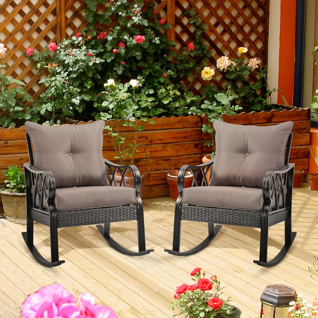 Outsunny 2 Piece Outdoor Wicker Rocking Chairs with Padded Cushions, Aluminum Furniture Rattan Porch Rocker Chairs w/Armrest for Garden, Patio, and Backyard, Gray Outsunny