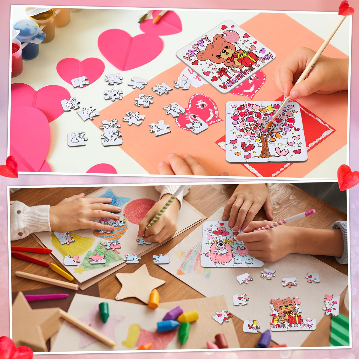Realspring 24 Pack Color Your Own Valentine's Day Jigsaw Puzzles for Kids Coloring DIY Valentine Day Puzzle Paper Party Favors Gift Valentines Classroom Activities Educational Puzzles Jigsaw Game Toy Realspring