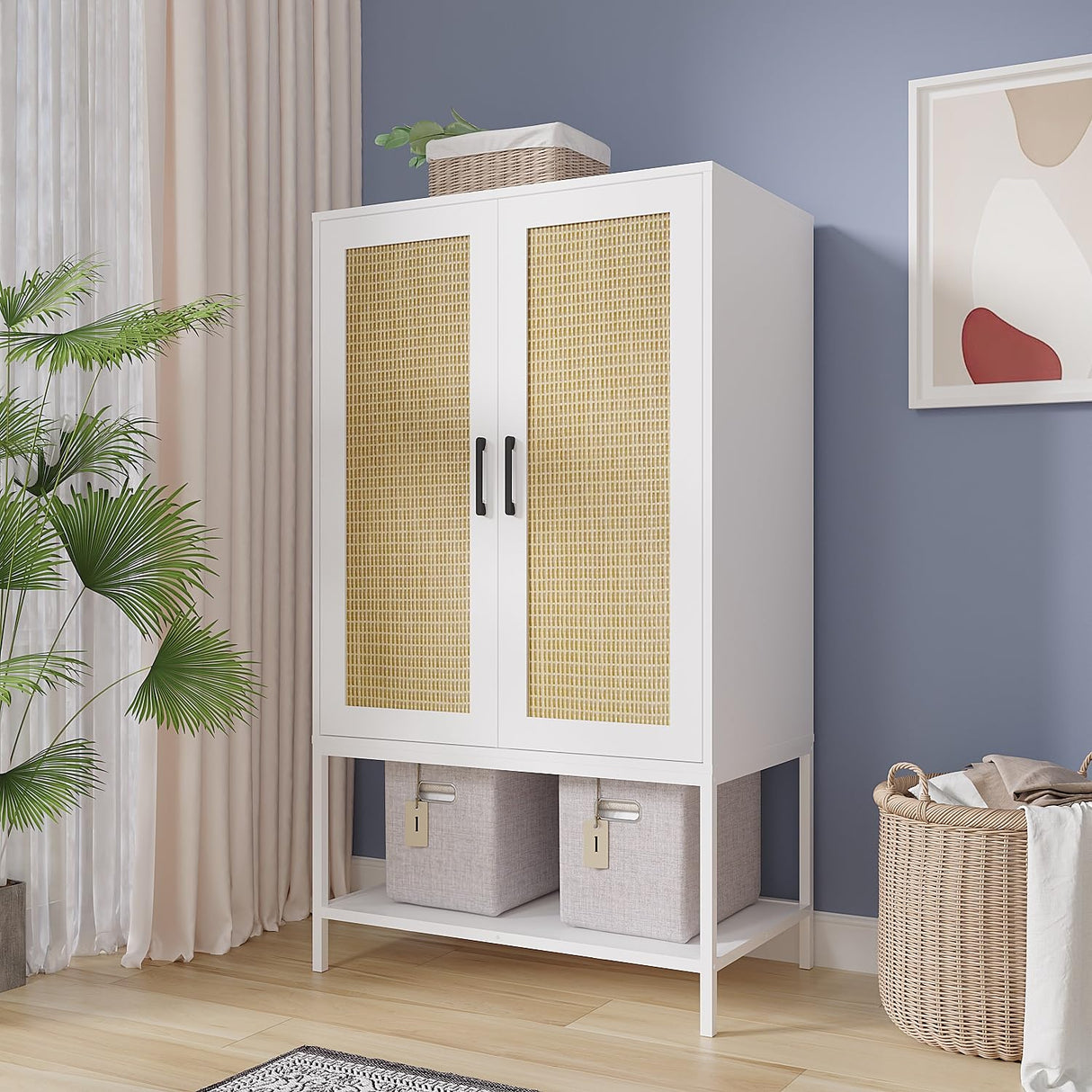 Gyger Wardrobe Closet with 2 Doors,Rattan Bedroom Armoires with Hanging Rod Freestanding Wooden Wardrobe Cabinet with Shelves,White Gyger