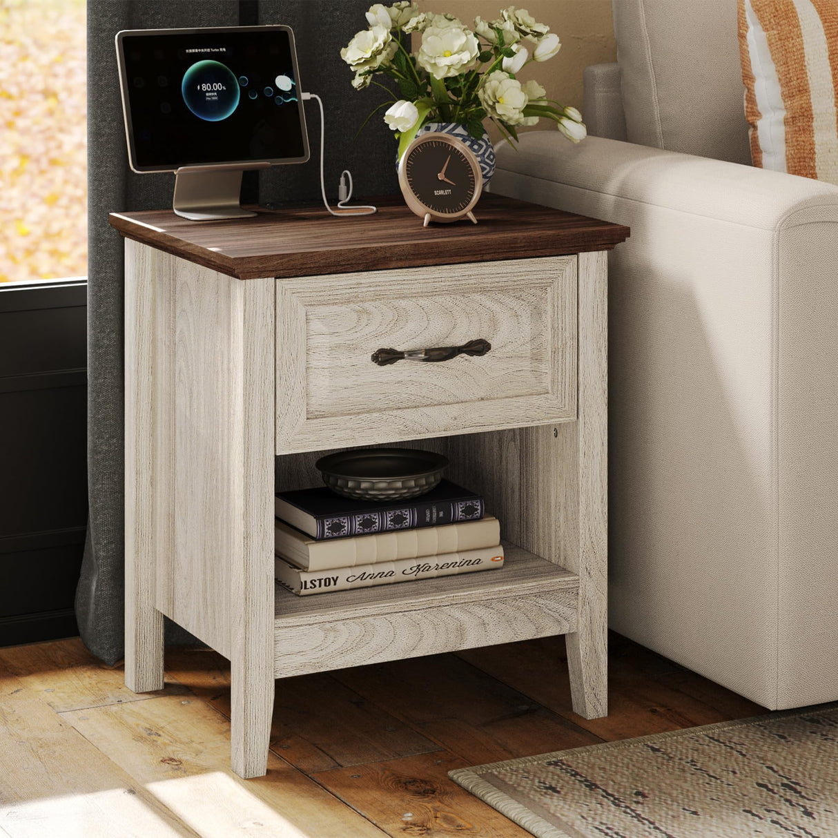 LINSY Night Stand 18.9" Farmhouse Wood Night Stand with Type-C Charging Station Open Storage Shelf Nightstands with Drawer Side Table End Table for Bedroom Living Room Sofa Couch Office Beige LINSY