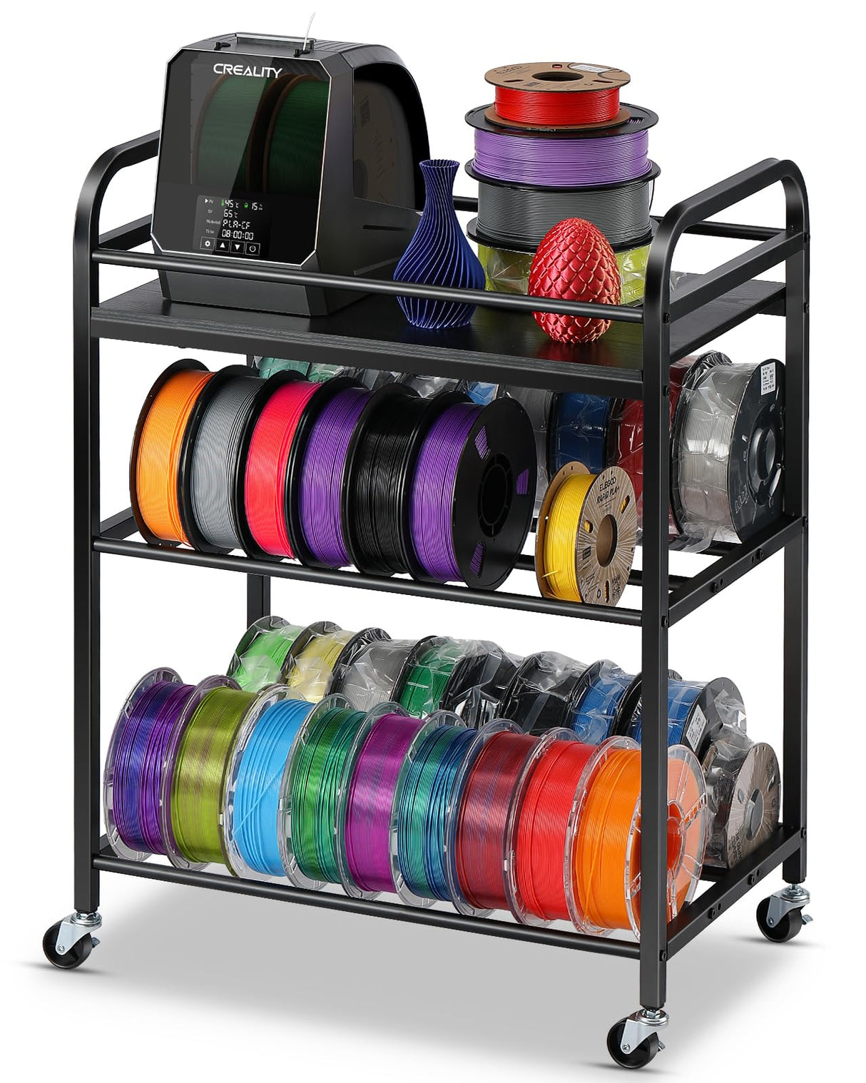 3D Printer Filament Storage Rack- Rolling Filament Spool Holders Racks with Wheels, Heavy Duty Metal Shelf for PLA/ABS/TPU/Nylon, Filaments Organzied for 3D Printing Studio, Office Workshop (Black) Rackgolfic