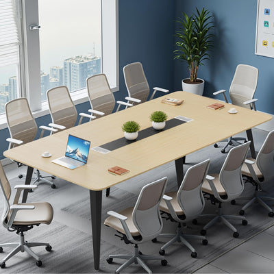 Furmax 8FT Conference Table, 94.48” Meeting Seminar Table with Cable Grommets, Boardroom Table Workstation for Meeting Room, Office Conference (Light Oak)