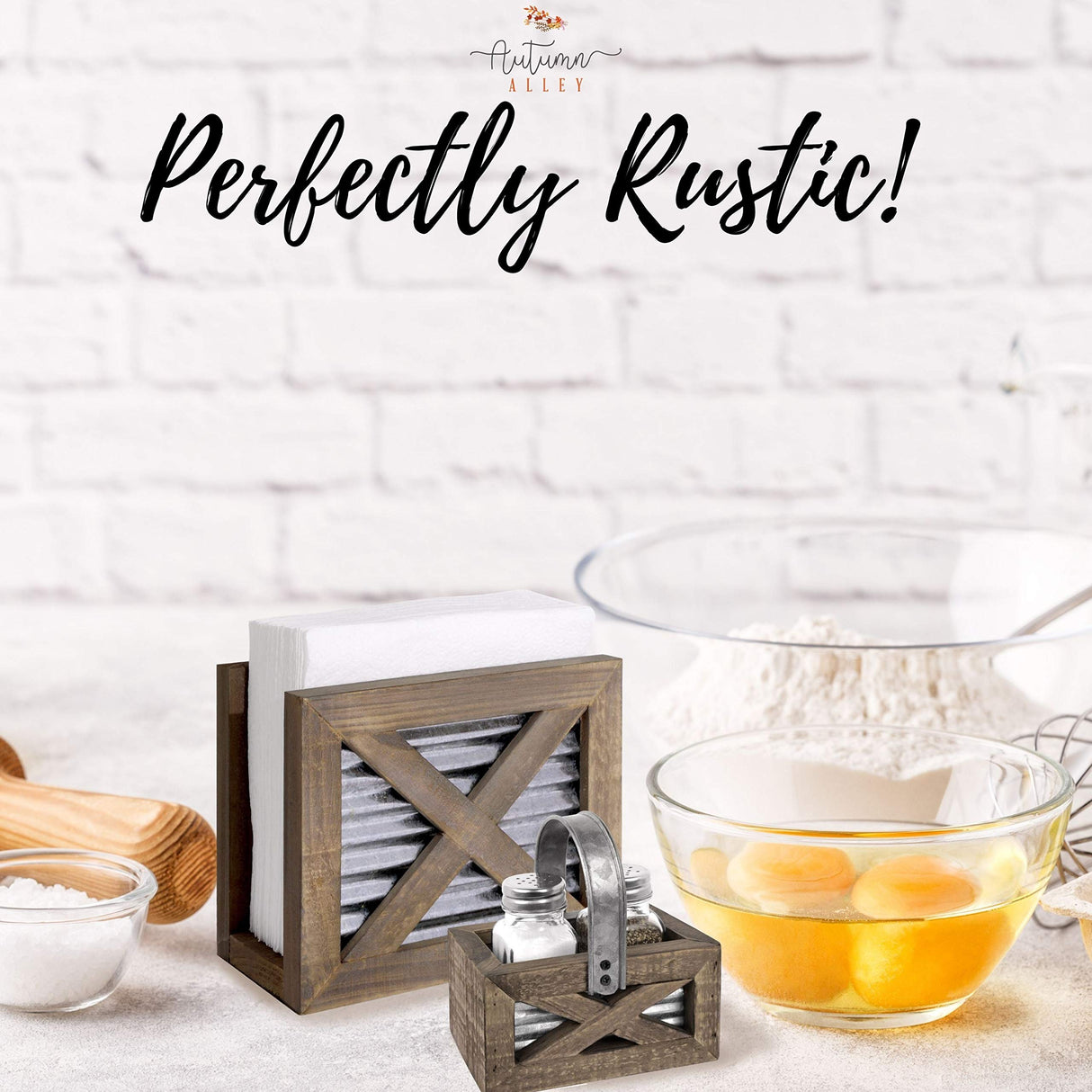 Autumn Alley Farmhouse Napkin Holder and Adorable Farmhouse Salt and Pepper Shakers Set With Wood Holder - Western Kitchen, Galvanized Metal - Upright Rustic Napkin Holder Rustic Kitchen Décor (Brown) Autumn Alley